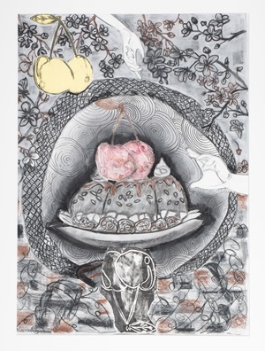 Cherry season [art original] / Maddison Crawford. ©2022. media: mixed media on BFK rives paper ; 30 inches x 22 inches (34 inches x 26 inches, framed).